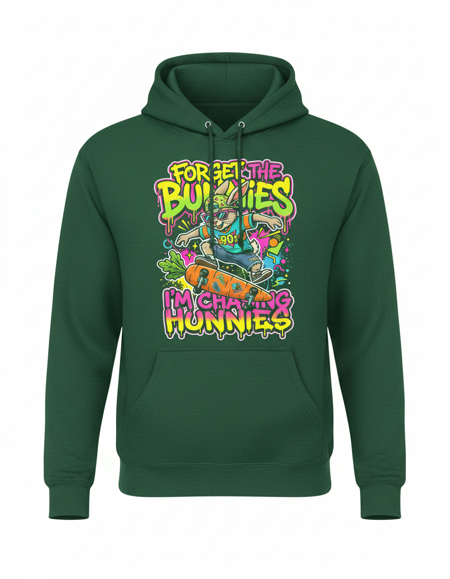 Funny 90s Skater Rabbit Chasing Hunnies Hoodie - Forest Green