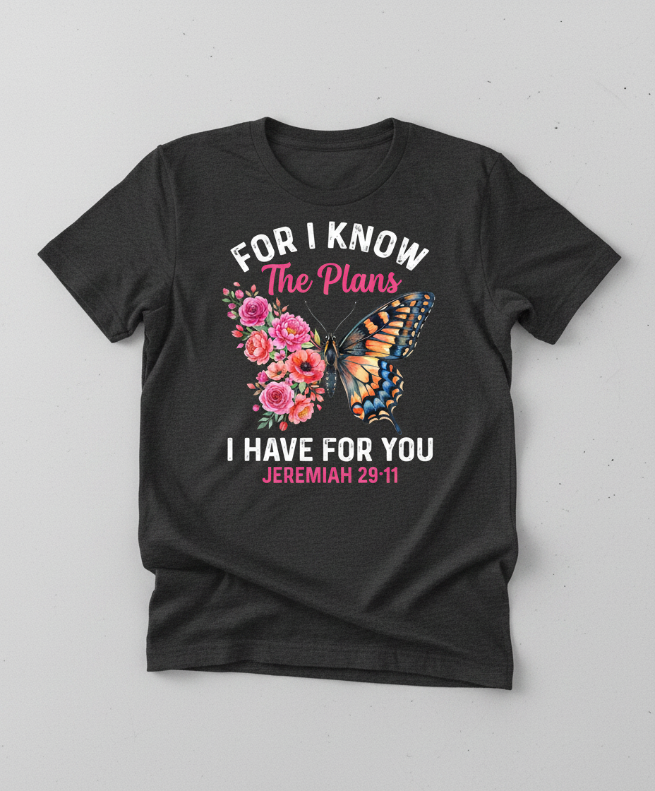 Jeremiah 29:11 Butterfly Floral Christian Verse T-Shirt - Dark Heather