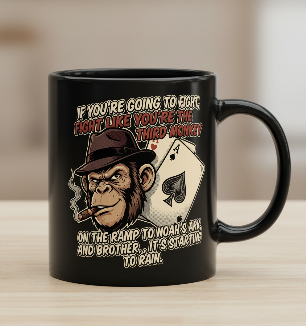 Third Monkey on Noah's Ark Fighting Quote Black Mug - Black