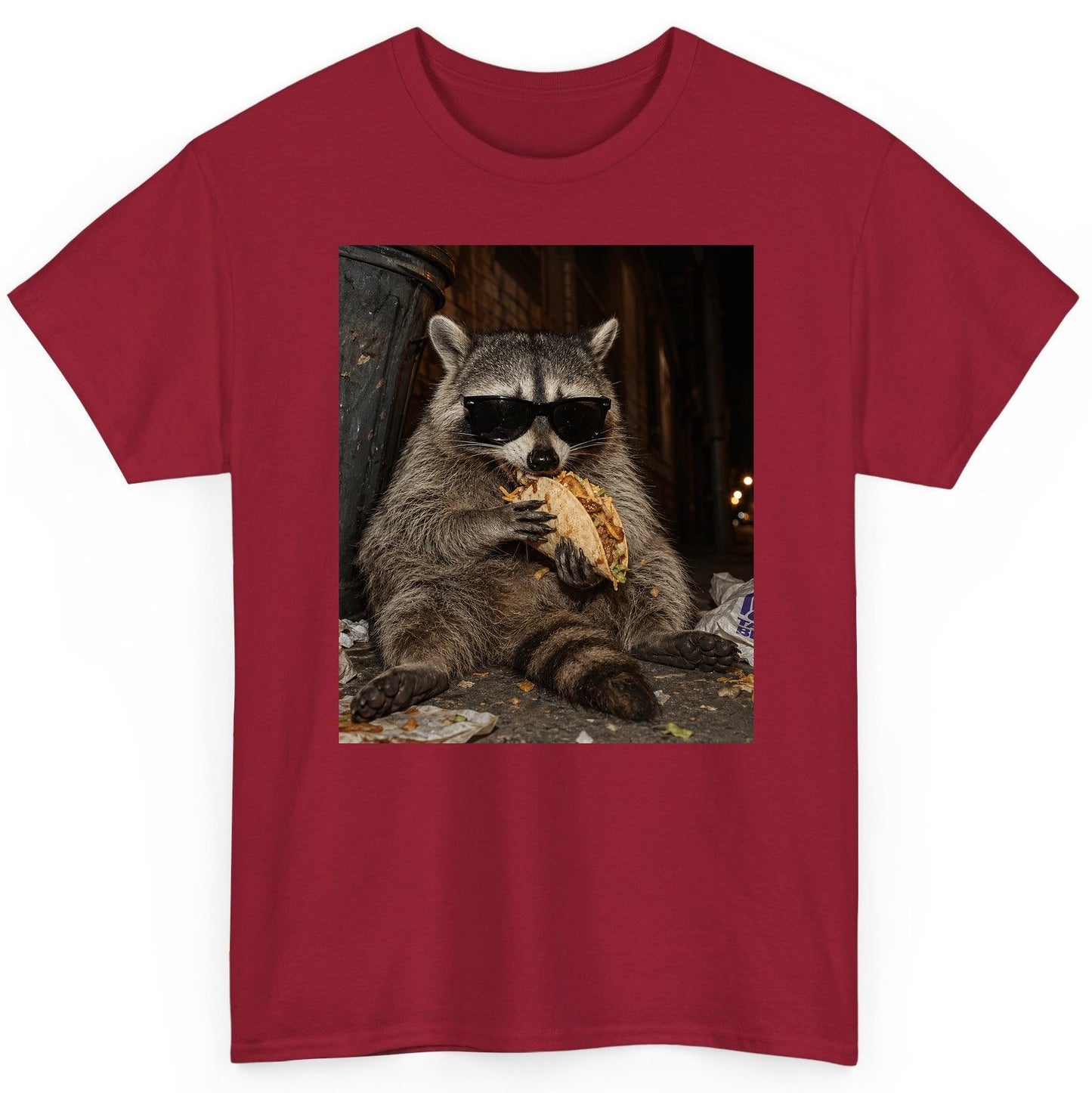 Raccoon Eating Taco Funny Animal Lovers T-Shirt - product mockup - Cardinal Red