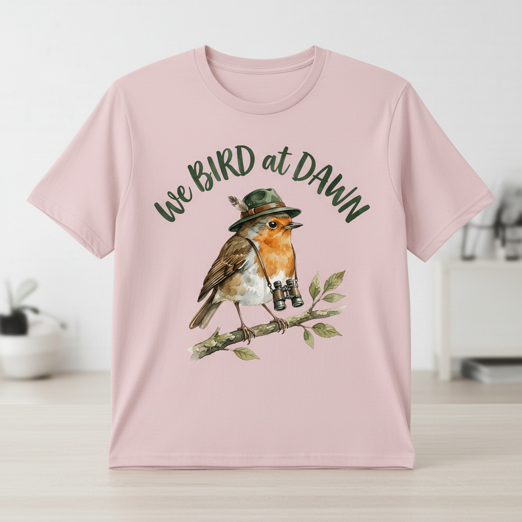 Watercolor Robin Birdwatcher with Hat and Binoculars T-Shirt - product mockup - Light Pink