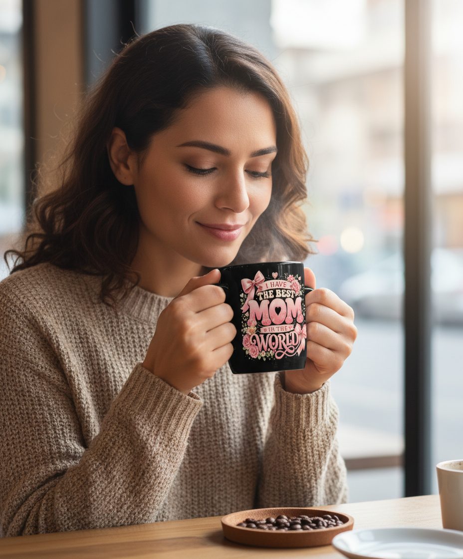 I Have the Best Mom in the World Mother's Day Black Mug - lifestyle model mockup - Black