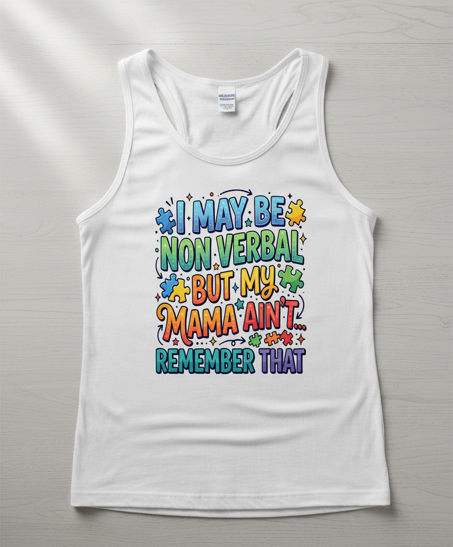 Non Verbal But My Mama Ain't Autism Awareness Quote Tank Top - White