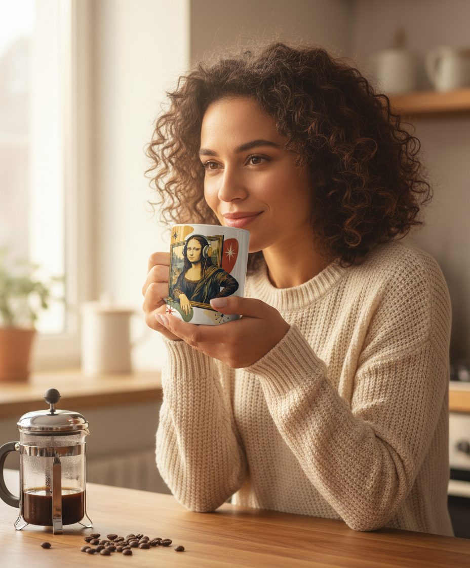 Mona Lisa Listening Retro Art Funny Parody White Mug - lifestyle model mockup - White