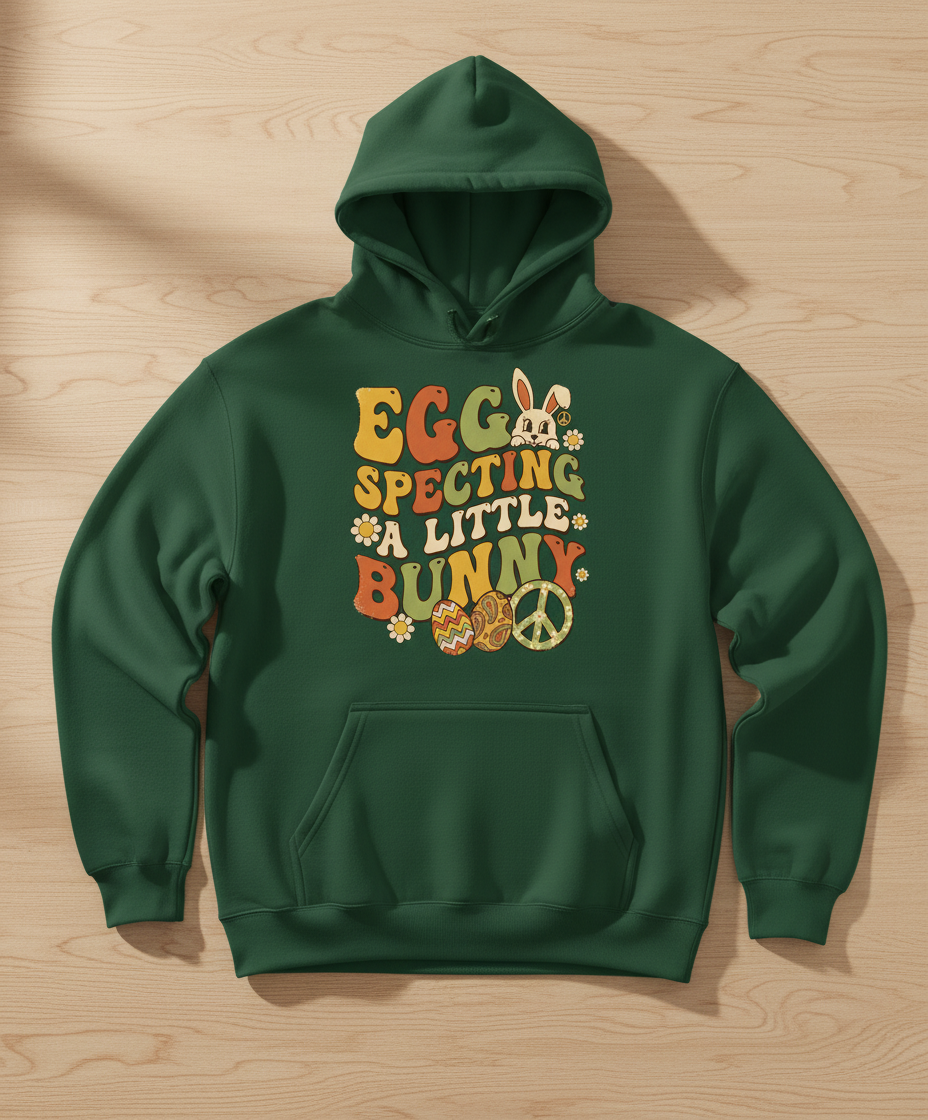 Egg Specting A Little Bunny Groovy Retro Easter Pregnancy Announcement Hoodie - Forest Green