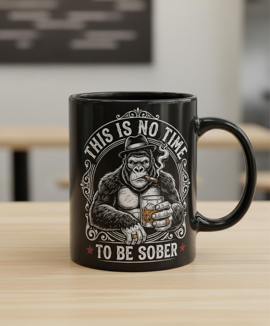 Gorilla Smoking Cigar Drinking Whiskey - This Is No Time To Be Sober Black Mug - Black