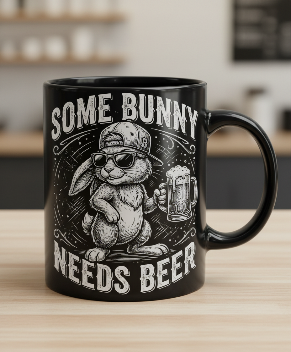Some Bunny Needs Beer Funny Rabbit Drinking Design Black Mug - Black