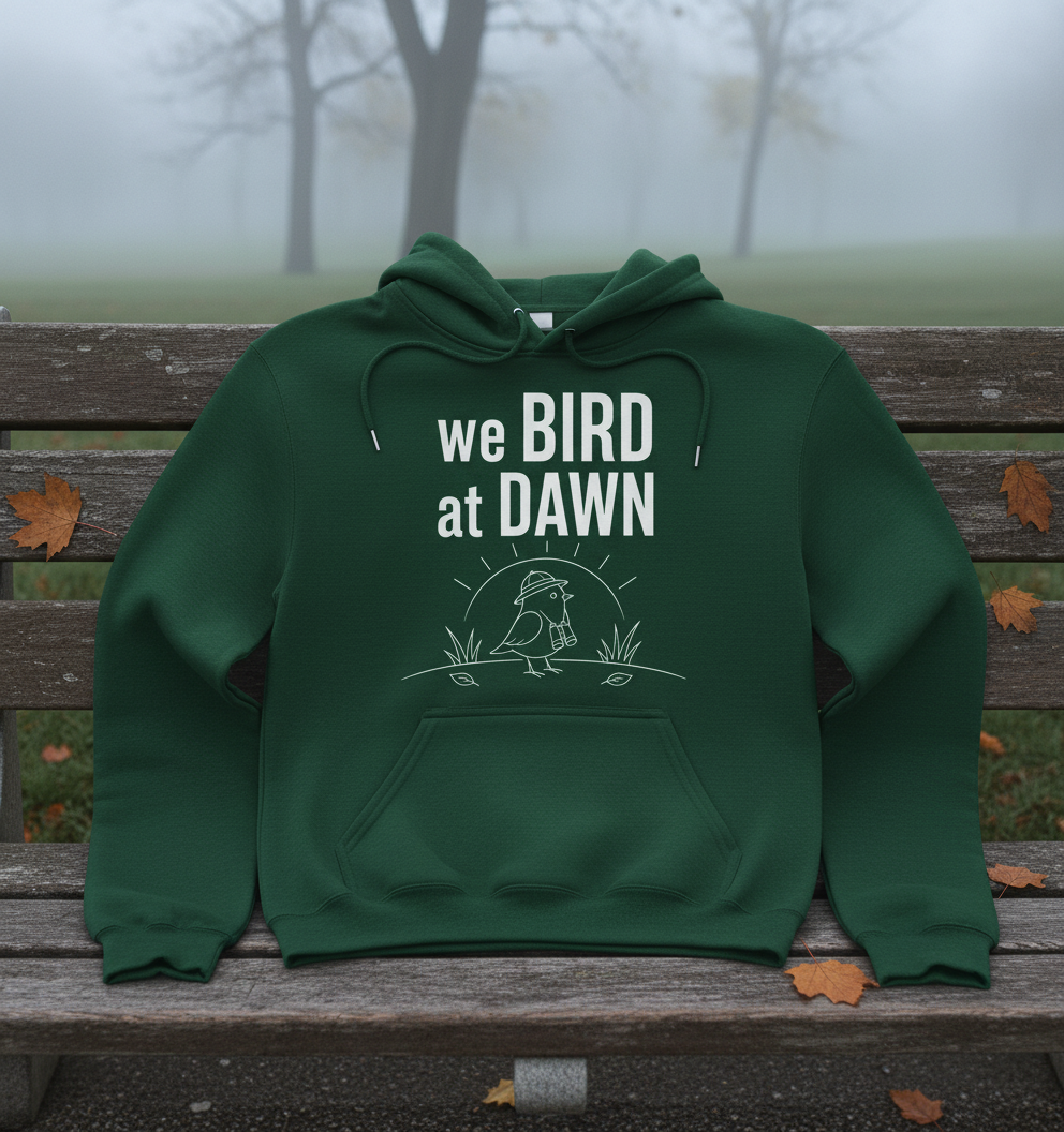 Funny We Bird at Dawn Birdwatching Hoodie - product mockup - Forest Green
