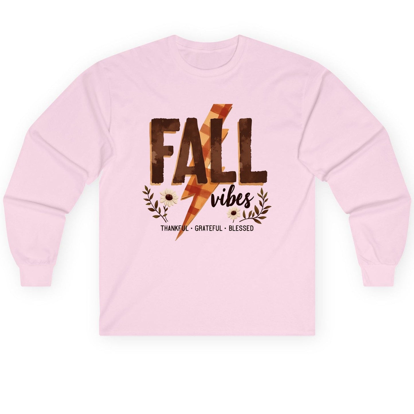 Fall Vibes Thankful Grateful Blessed autumn Long Sleeve Tee Light Pink product mockup