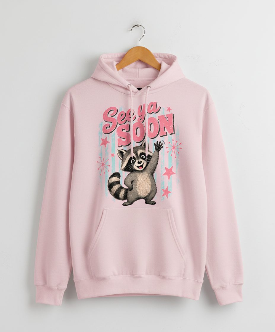 See Ya SOON Retro Raccoon Hoodie - product mockup - Light Pink