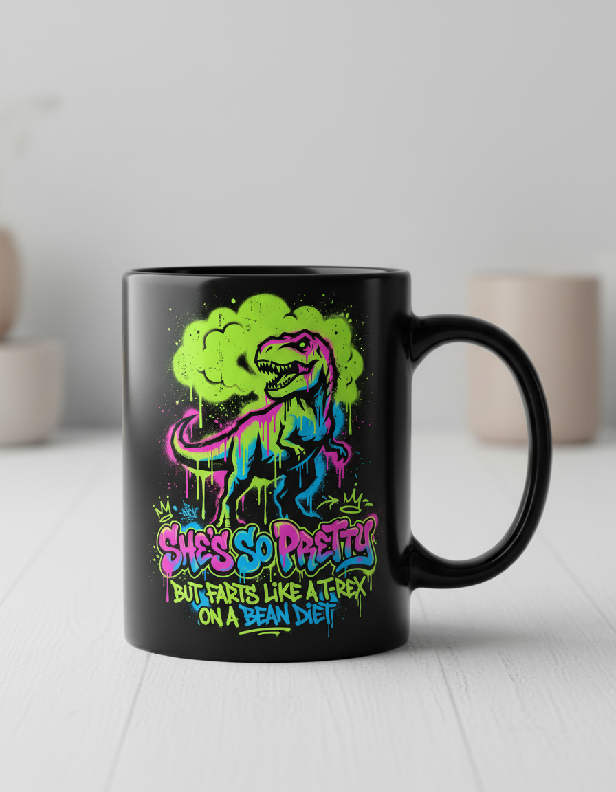 She's So Pretty But Farts Like A T-Rex Graffiti Art Black Mug - Black
