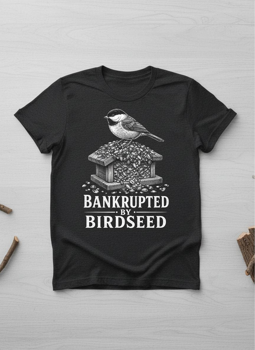 Bankrupted By Birdseed Funny T-Shirt - product mockup - Dark Heather