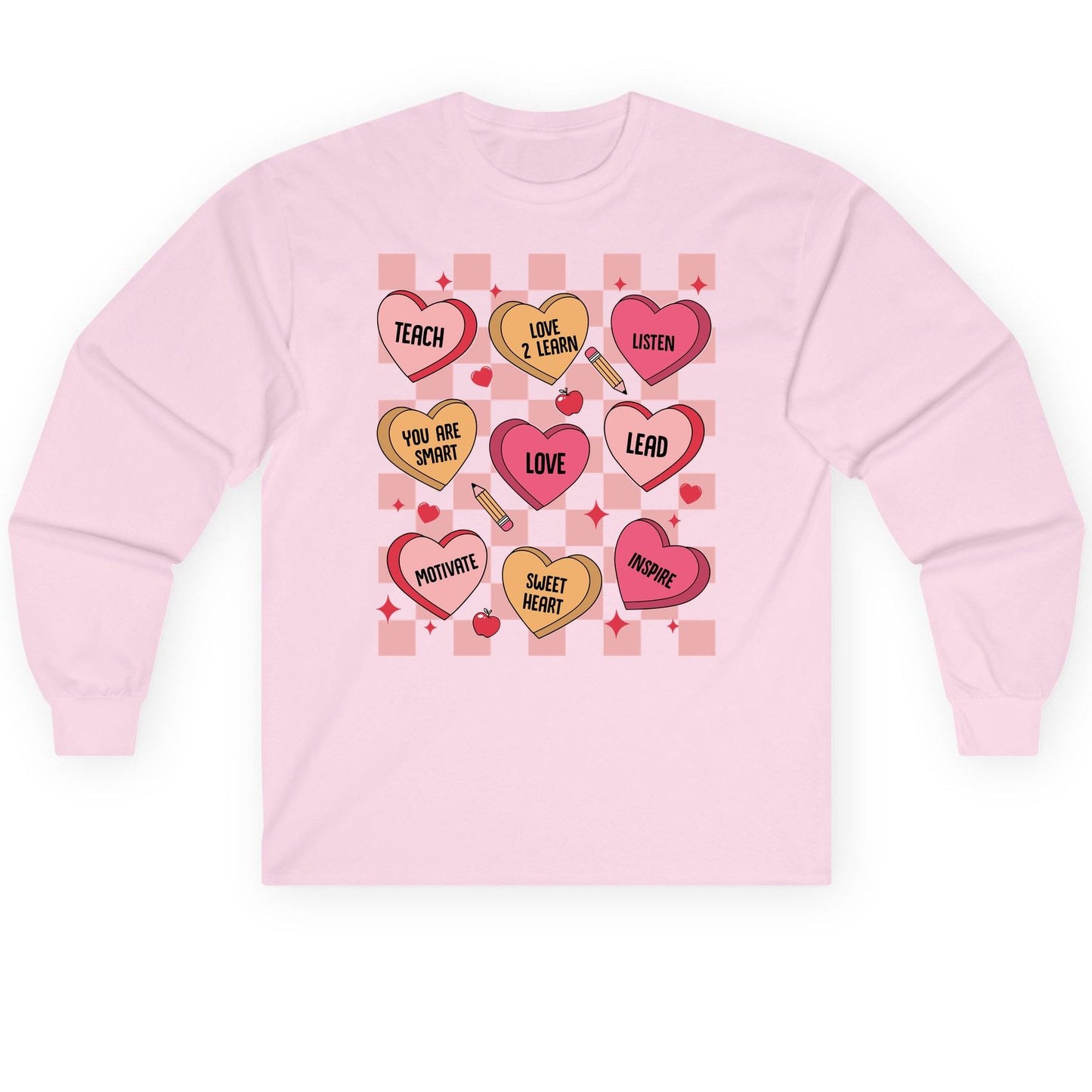 Inspirational Teacher Conversation Hearts teacher appreciation Long Sleeve Tee Light Pink product mockup