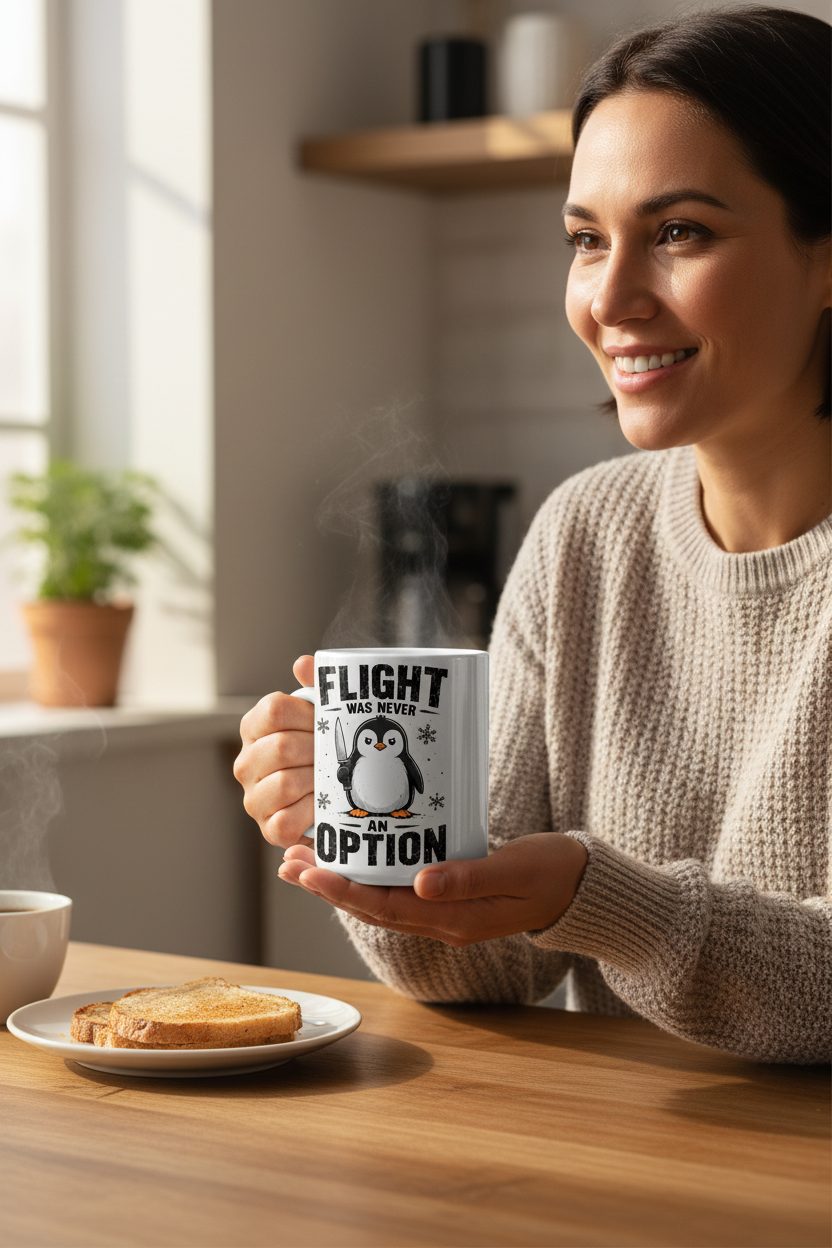 Flight Was Never an Option Funny Penguin White Mug - lifestyle model mockup - White
