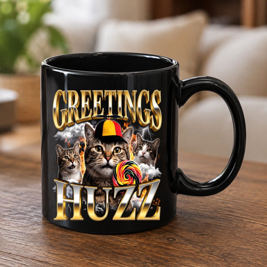 Greetings HUZZ Funny Cats Black Mug - product mockup - Black