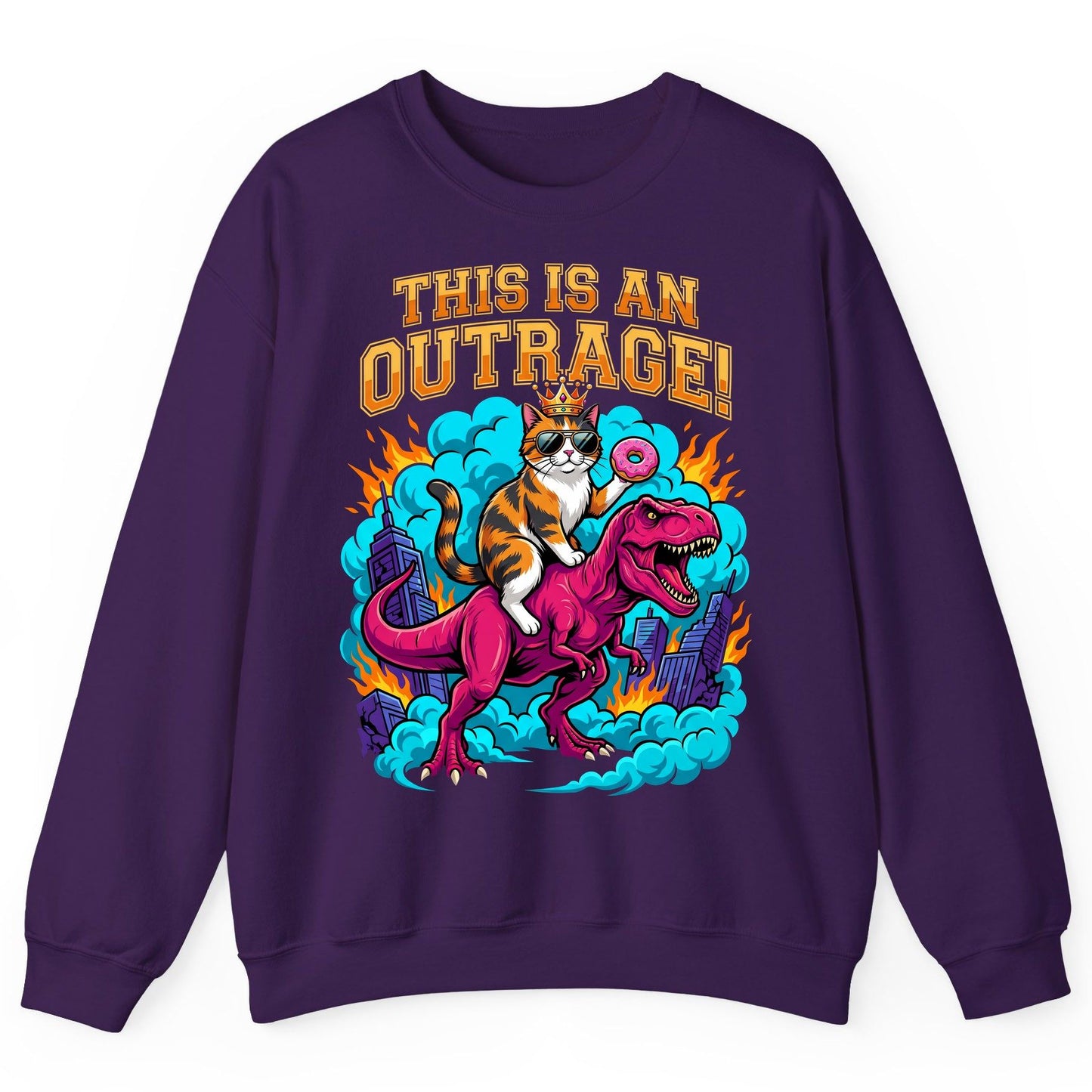 THIS IS AN OUTRAGE! Cat riding a T-Rex Sweatshirt Purple product mockup