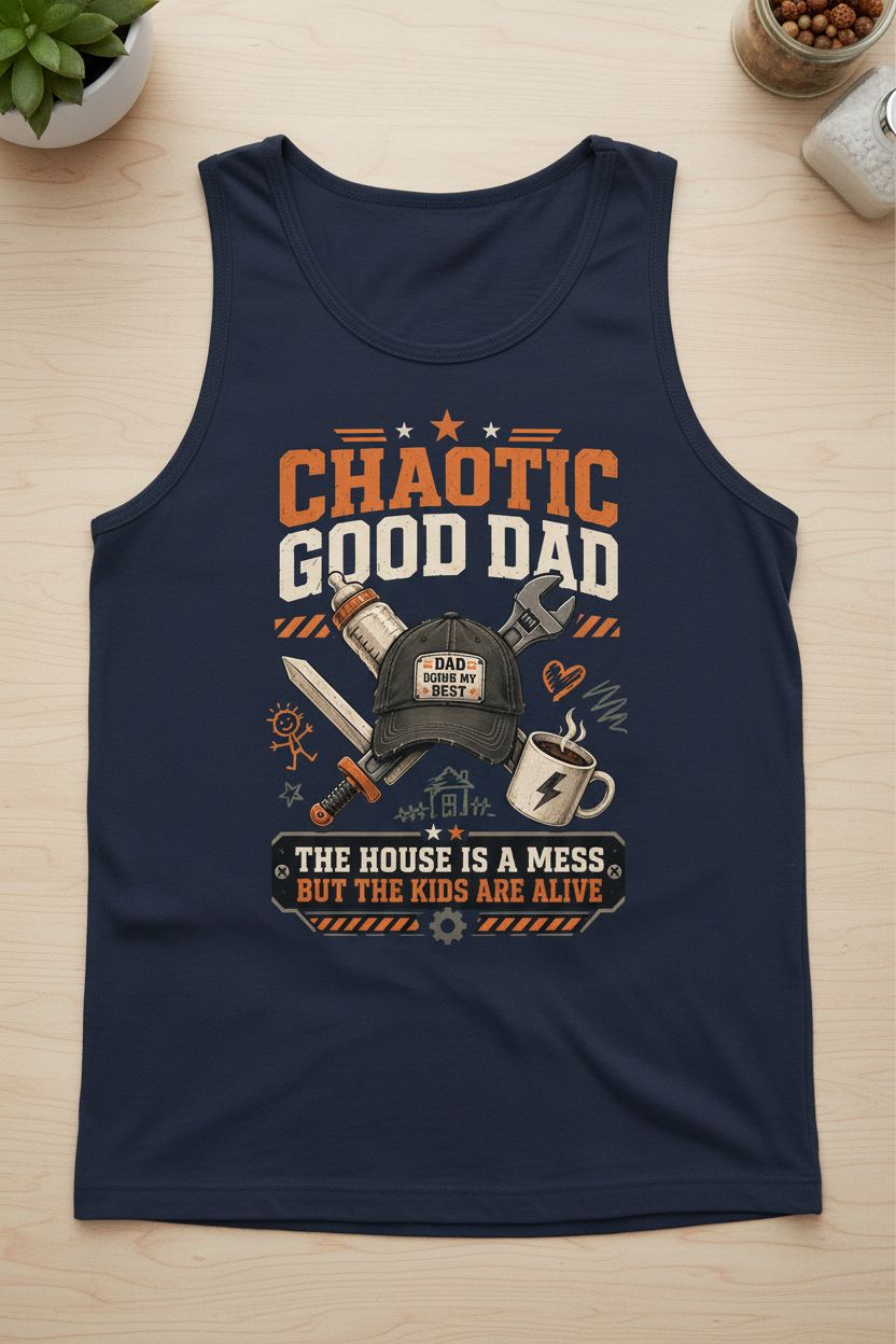 Chaotic Good Dad. The House Is A Mess But The Kids Are Alive. Funny Chaotic Good Dad Tank Top - product mockup - Navy