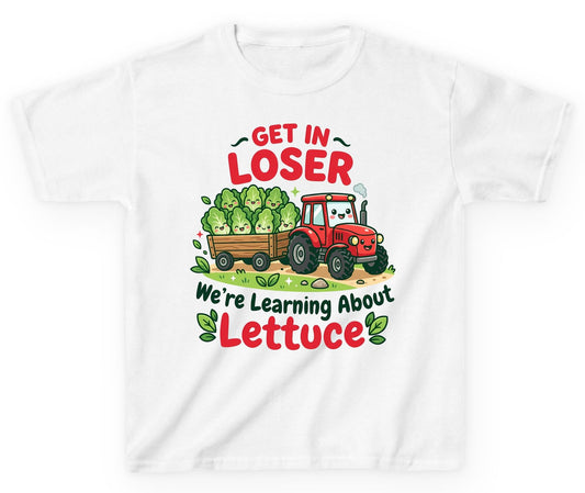 GET IN LOSER We're Learning About Lettuce Funny Farming Youth T-Shirt - product mockup - White