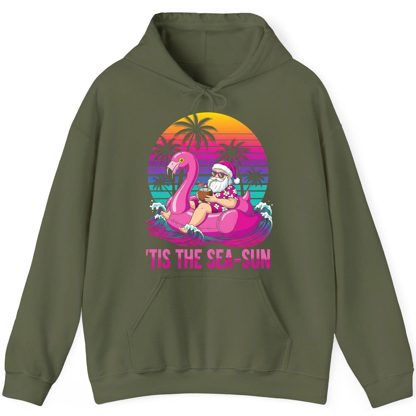 'Tis the Sea-Sun tropical santa claus Hoodie Military Green product mockup