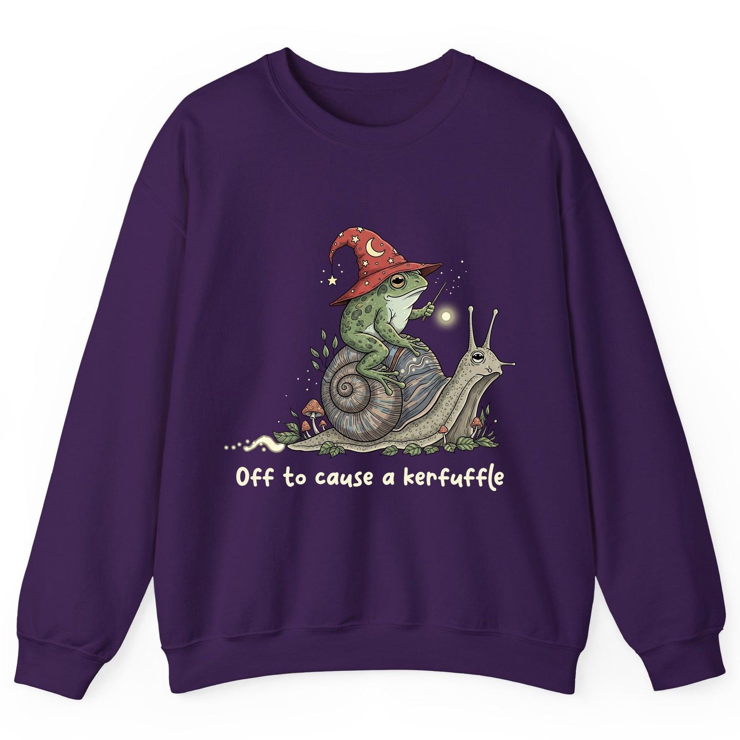 Off to Cause a Kerfuffle wizard frog Sweatshirt Purple product mockup