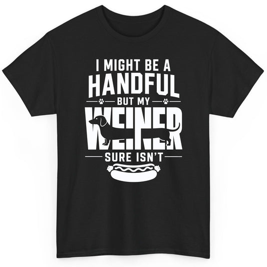 I Might Be a Handful but My Weiner Sure Isn't dachshund T-Shirt Black product mockup