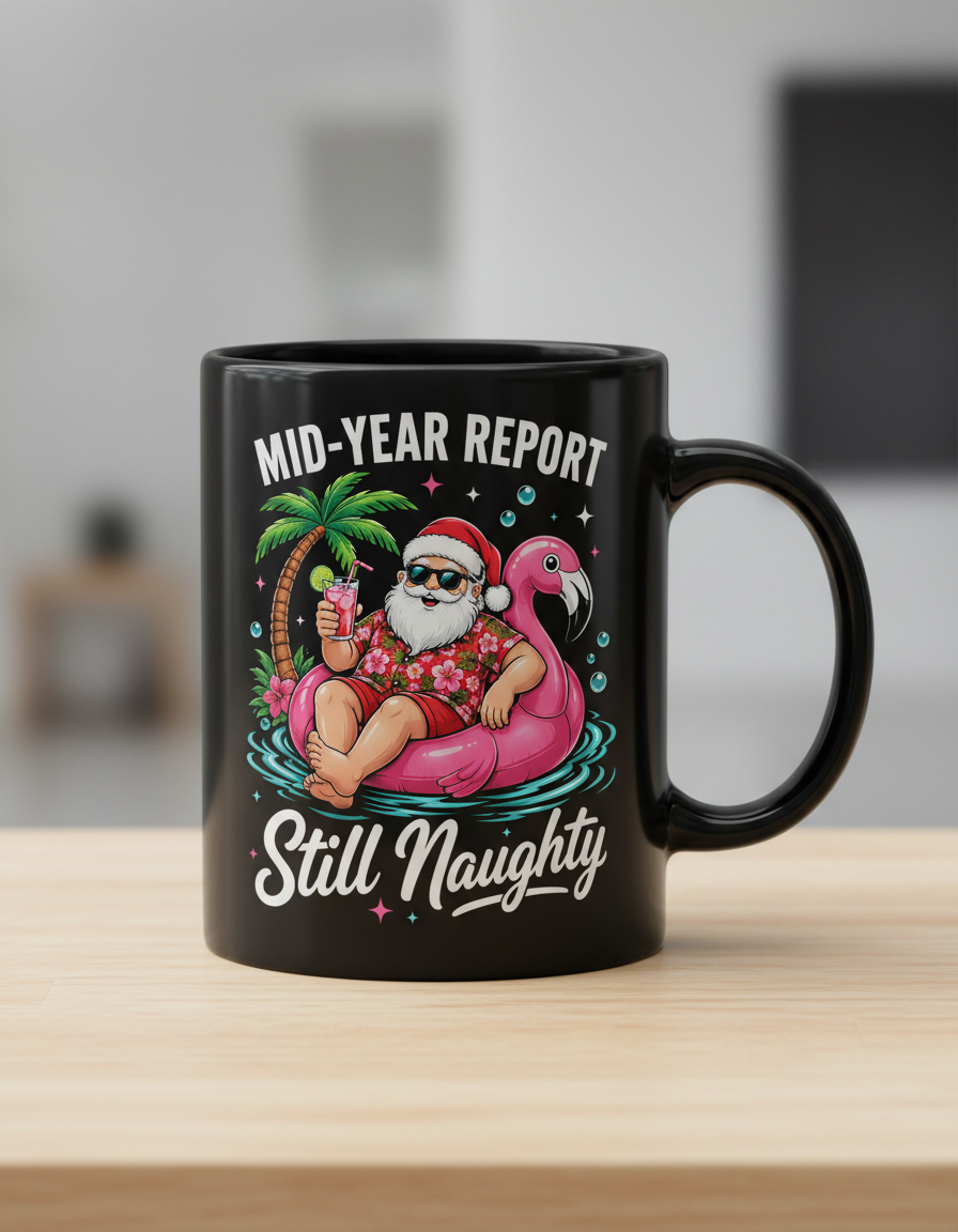 Funny Santa Mid-Year Report Still Naughty Christmas in July Black Mug - Black