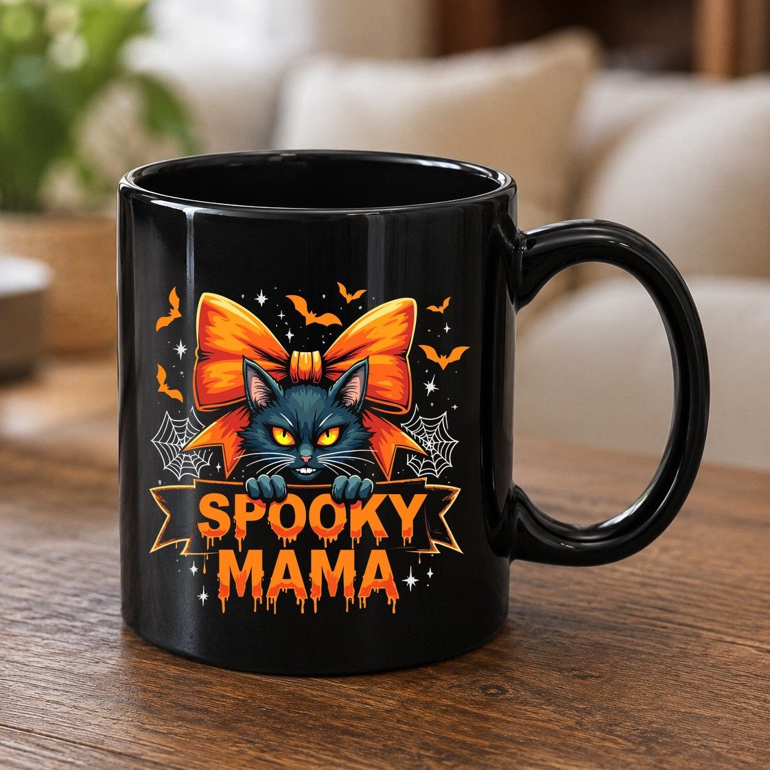 Spooky Mama black cat Black Mug Black product mockup