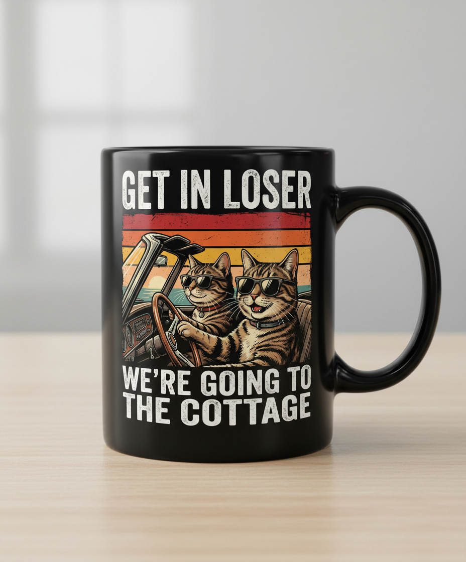 Get In Loser We're Going To The Cottage Funny Cat Meme Black Mug - Black