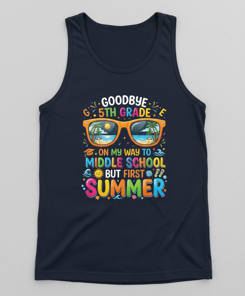 Goodbye 5th Grade on My Way to Middle School but First Summer Tank Top - product mockup - Navy
