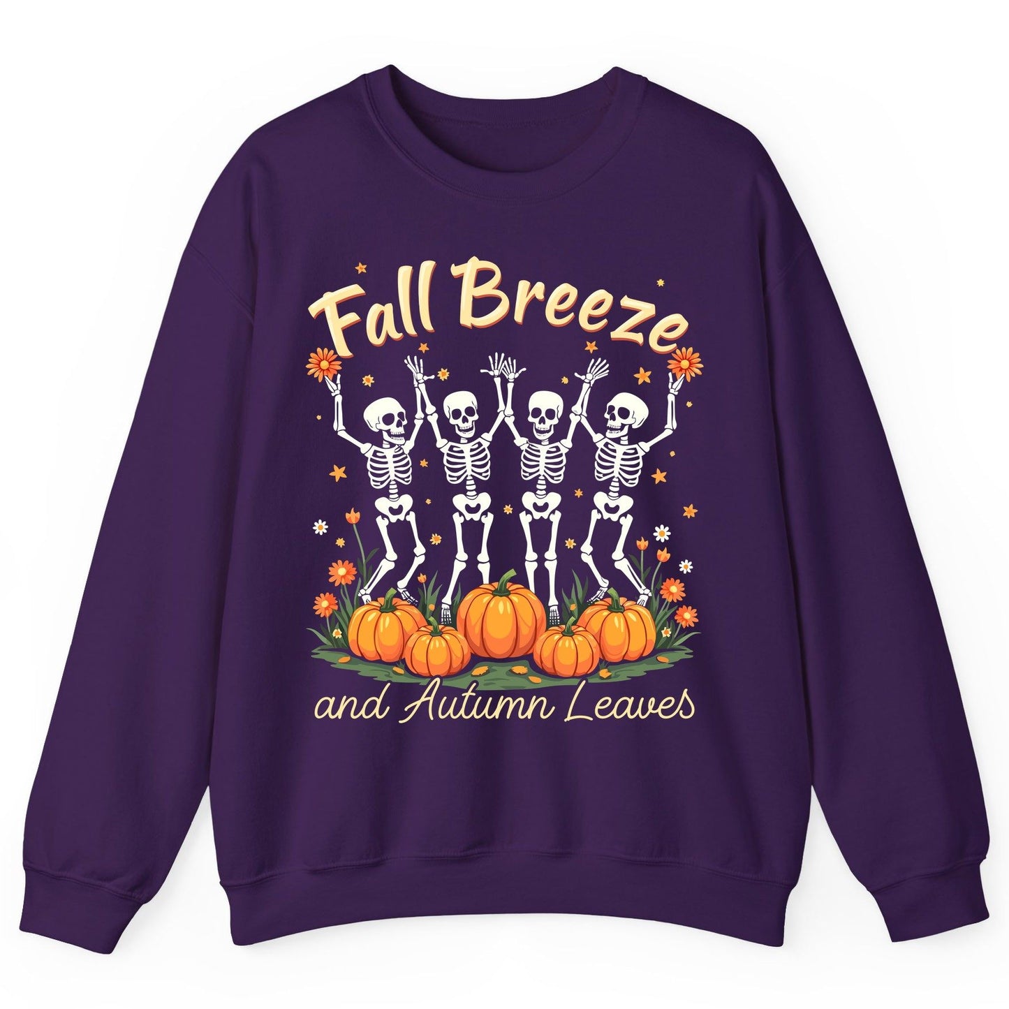 Fall Breeze and Autumn Leaves dancing skeletons Sweatshirt Purple product mockup