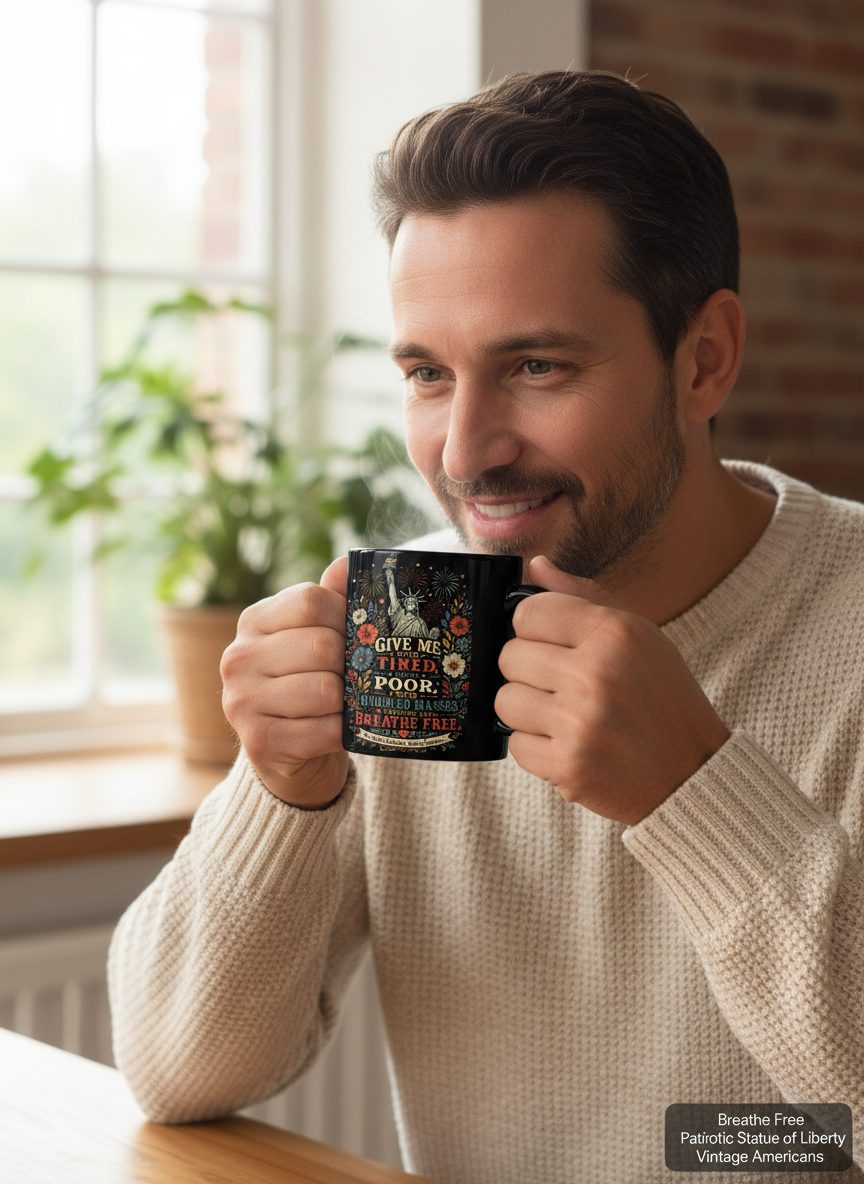 Breathe Free Patriotic Statue Liberty Vintage Americans Black Mug - lifestyle model mockup - Black