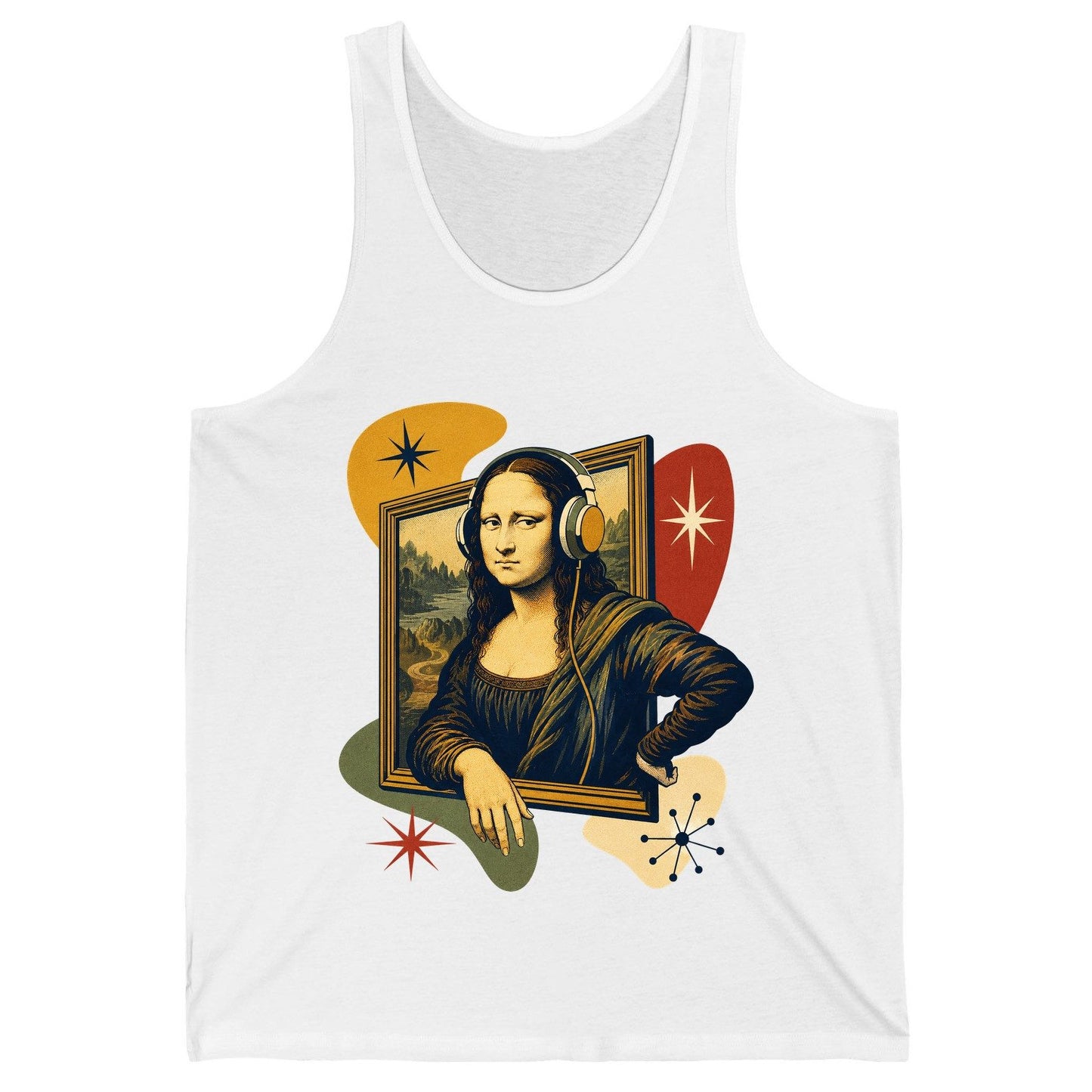 Retro Mona Lisa with Headphones Funny Art Lovers Tank Top - product mockup - White