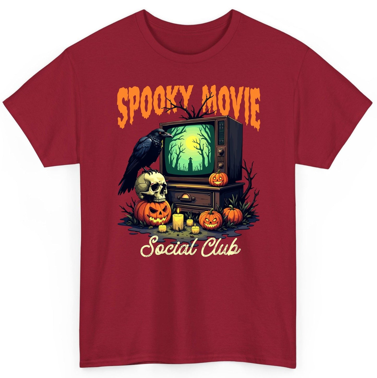 Spooky Movie Social Club Halloween T-Shirt Cardinal Red product mockup