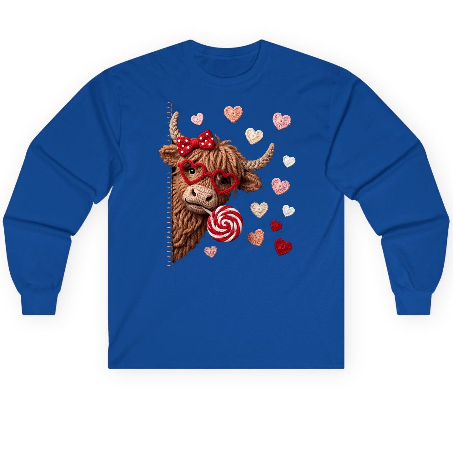 Crochet Valentine's Highland Cow highland cow Long Sleeve Tee Royal product mockup