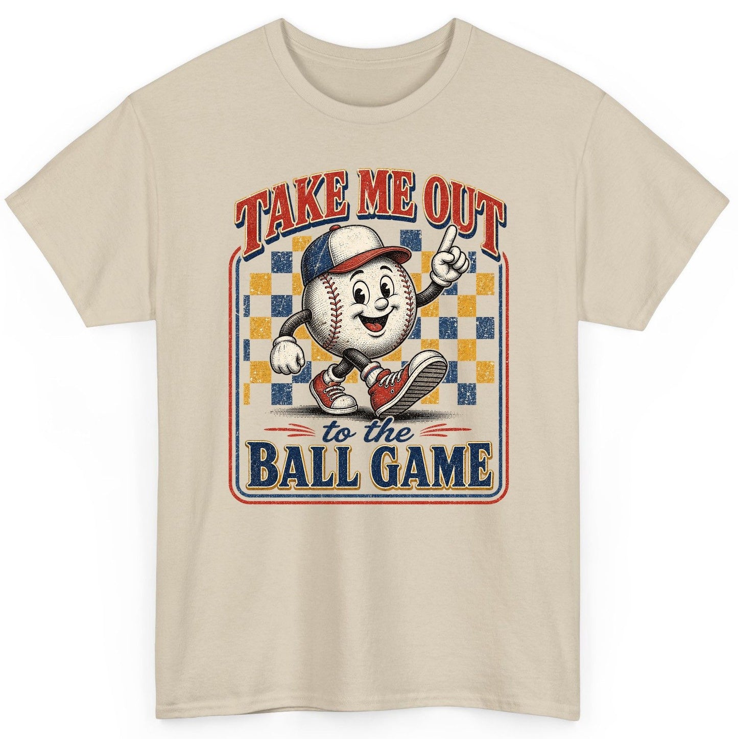 Take Me Out to the Ball Game Retro Baseball T-Shirt - product mockup - Sand
