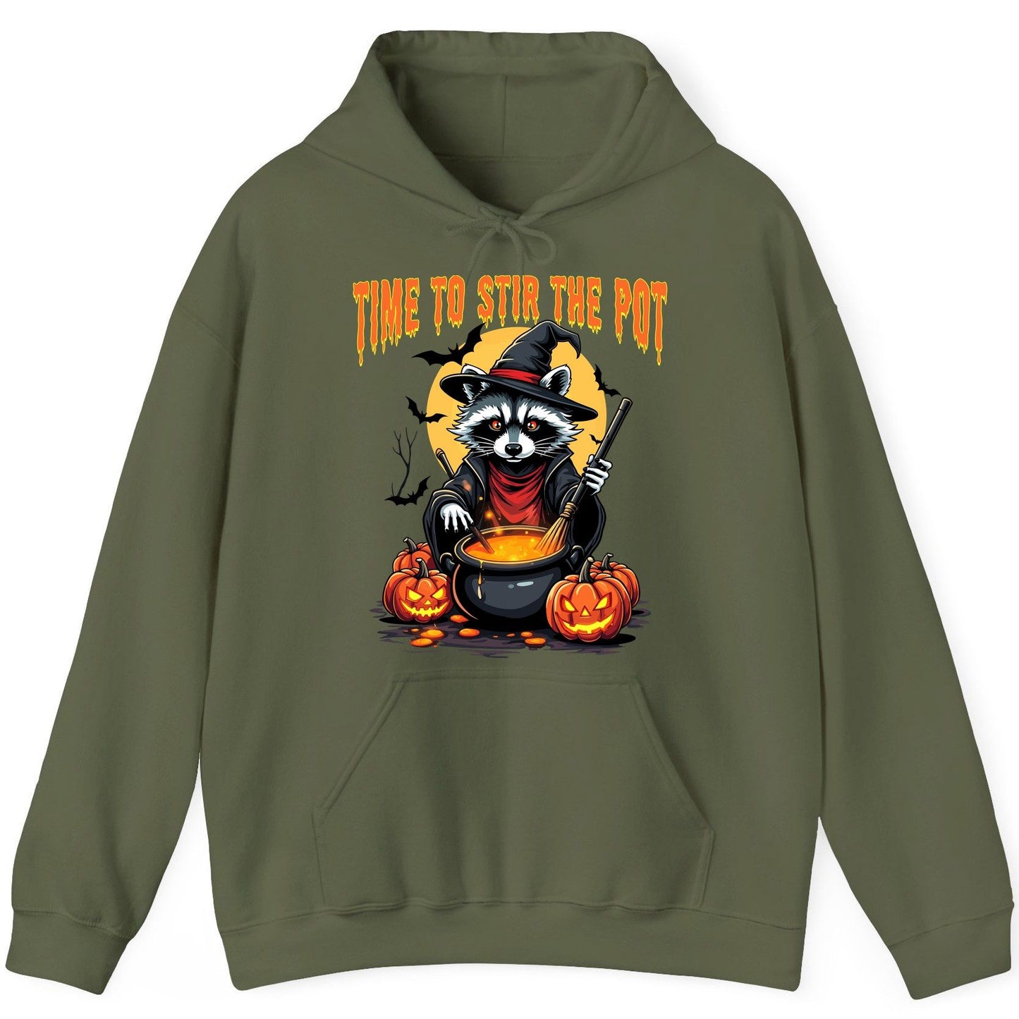 Time to Stir the Pot Halloween raccoon Hoodie Military Green product mockup