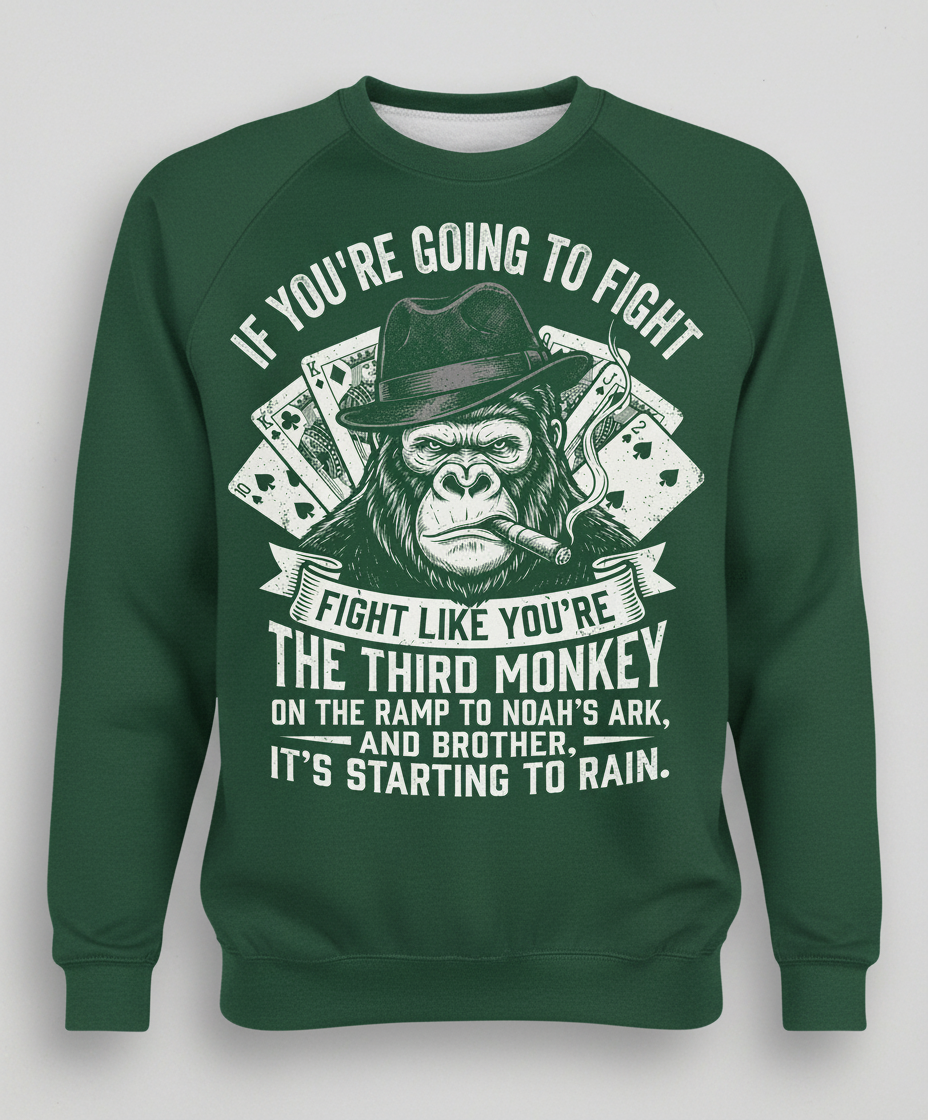 Third Monkey on Noah's Ark Fighting Gorilla Quote Sweatshirt - Forest Green