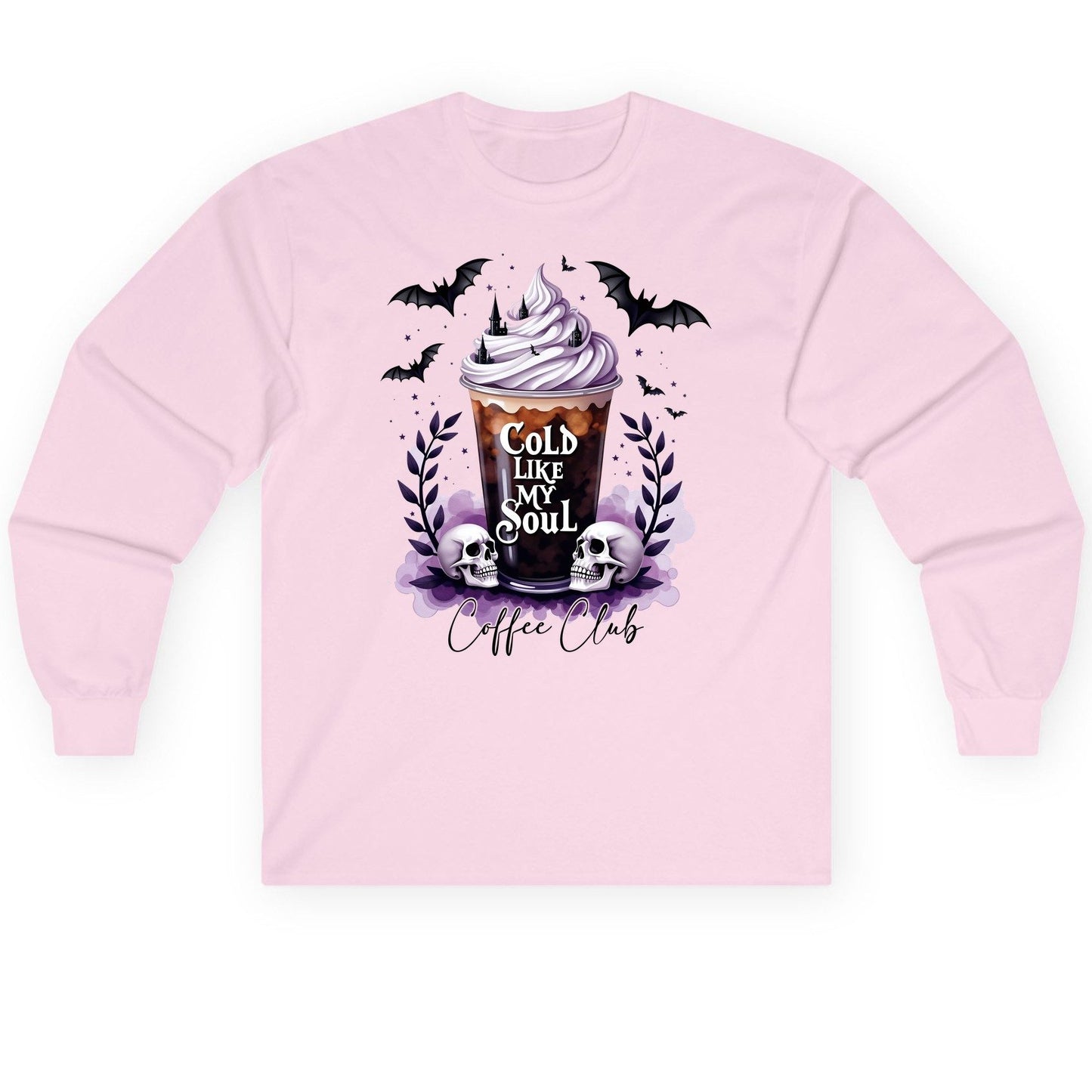 Cold Like My Soul gothic iced coffee Long Sleeve Tee Light Pink product mockup