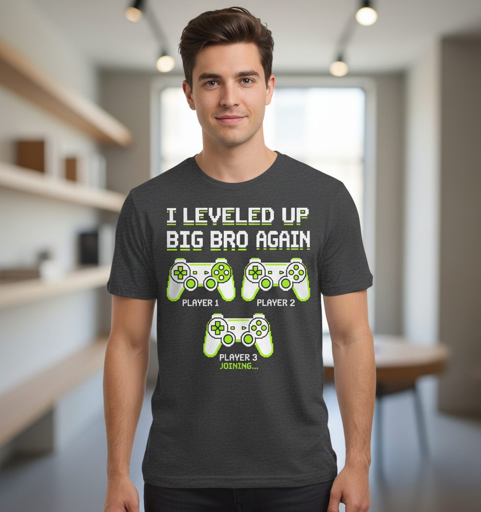 I Leveled UP BIG BRO AGAIN Retro Brother Announcement T-Shirt - product mockup - Dark Heather