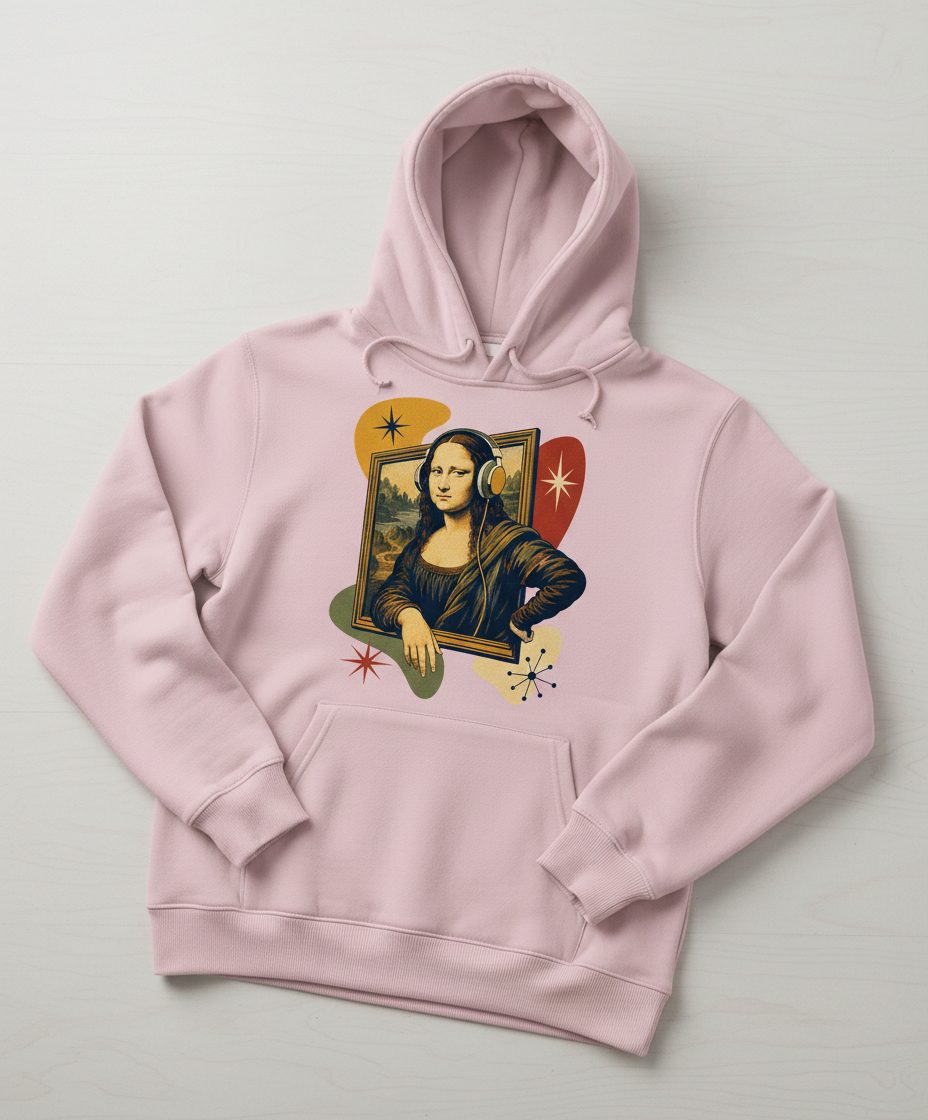 Mona Lisa Listening Retro Art Funny Parody Hoodie - product mockup - Light Pink