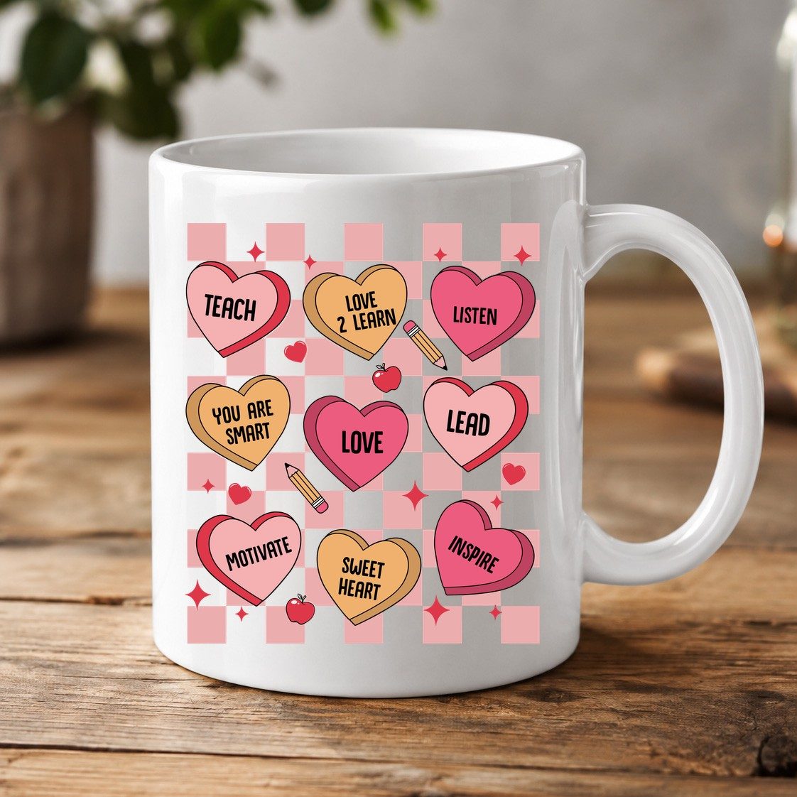 Inspirational Teacher Conversation Hearts teacher appreciation White Mug White product mockup