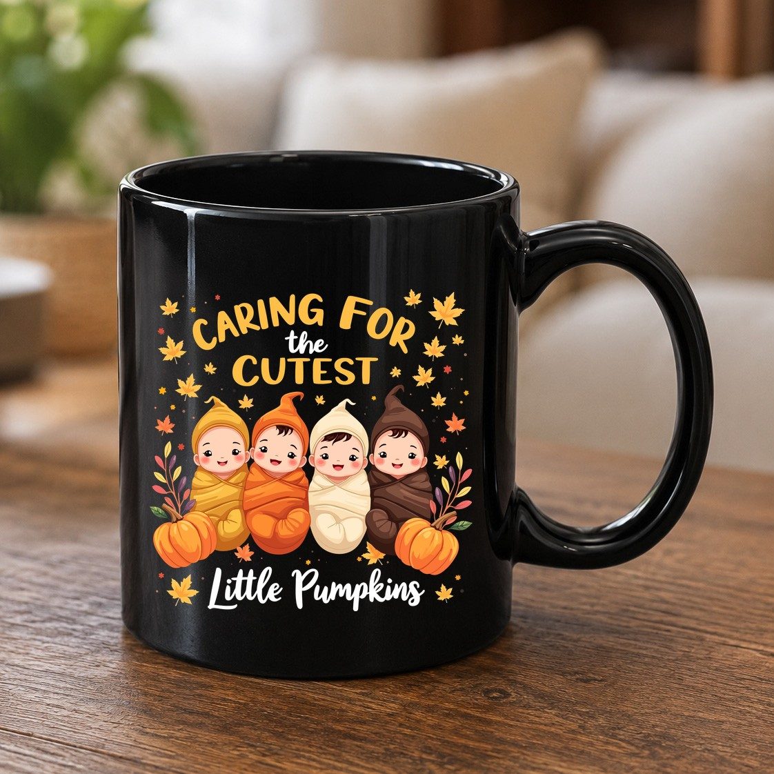 Caring for the Cutest Little Pumpkins swaddled babies Black Mug Black product mockup