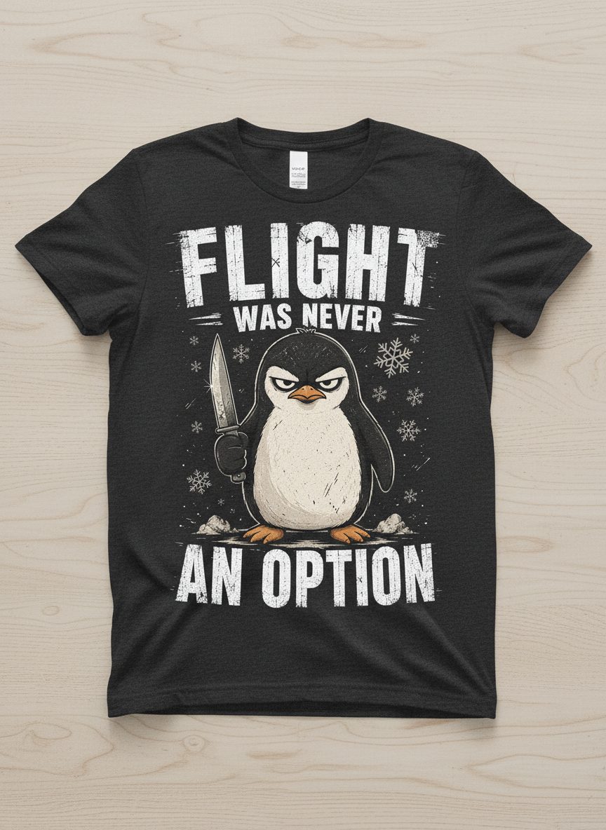 Flight Was Never an Option Funny Penguin T-Shirt - product mockup - Dark Heather