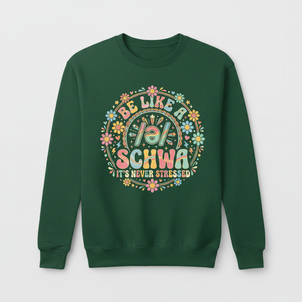 Retro Groovy Schwa Linguistics Pun Design Sweatshirt - Forest Green