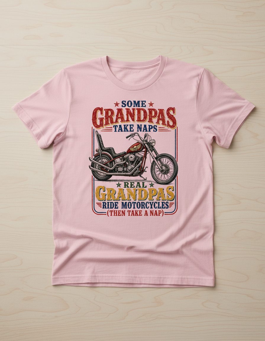 ★ Some ★ Grandpas Take Naps ★ Real ★ Grandpas Ride Motorcycles (then Take a Nap) Funny Biker Grandpa T-Shirt - product mockup - Light Pink