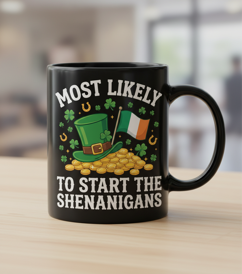 Most Likely To Start The Shenanigans St. Patrick's Day Design Black Mug - Black