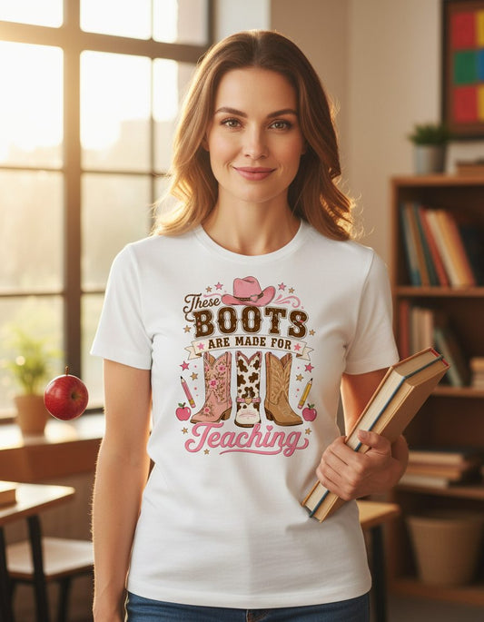 These Boots Are Made for Teaching Teacher T-Shirt - lifestyle model mockup - White