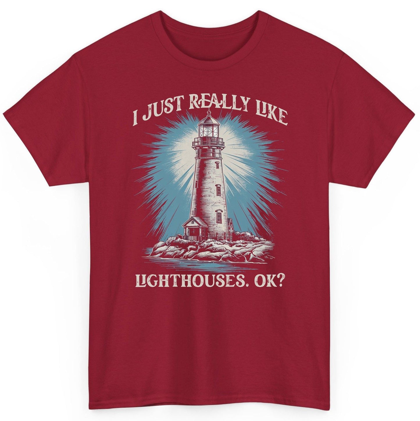 I Just Really Like Lighthouses, Ok? lighthouse T-Shirt Cardinal Red product mockup