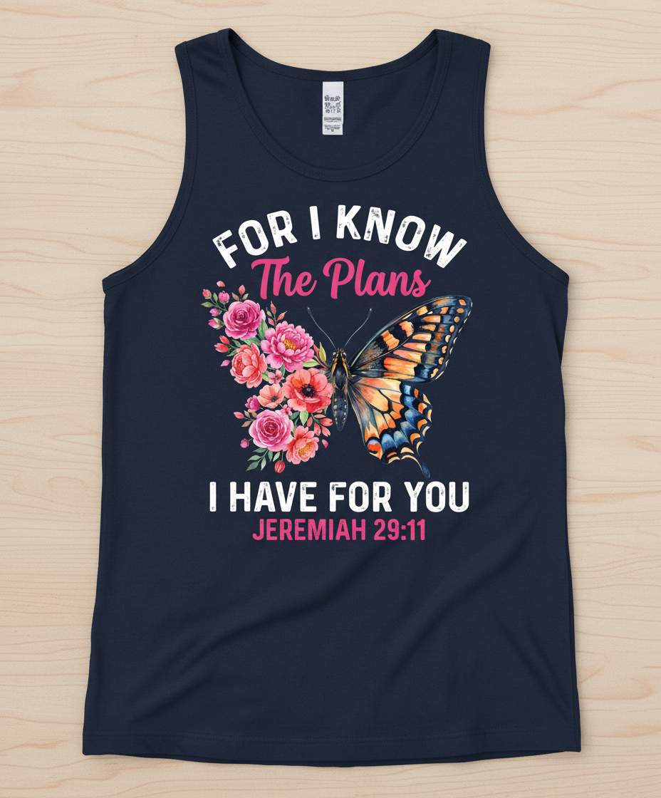 Jeremiah 29:11 Butterfly Floral Christian Verse Tank Top - Navy