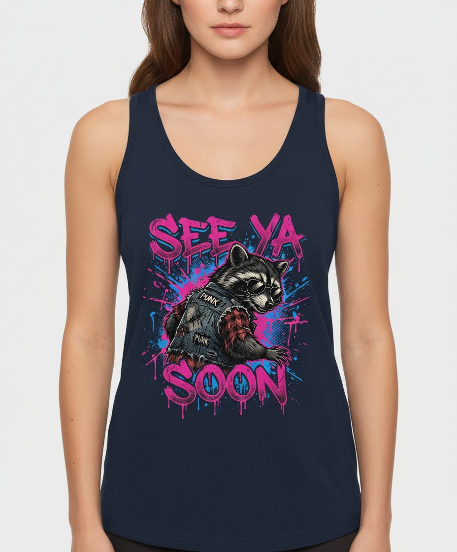 See Ya Soon Raccoon Tank Top - product mockup - Navy
